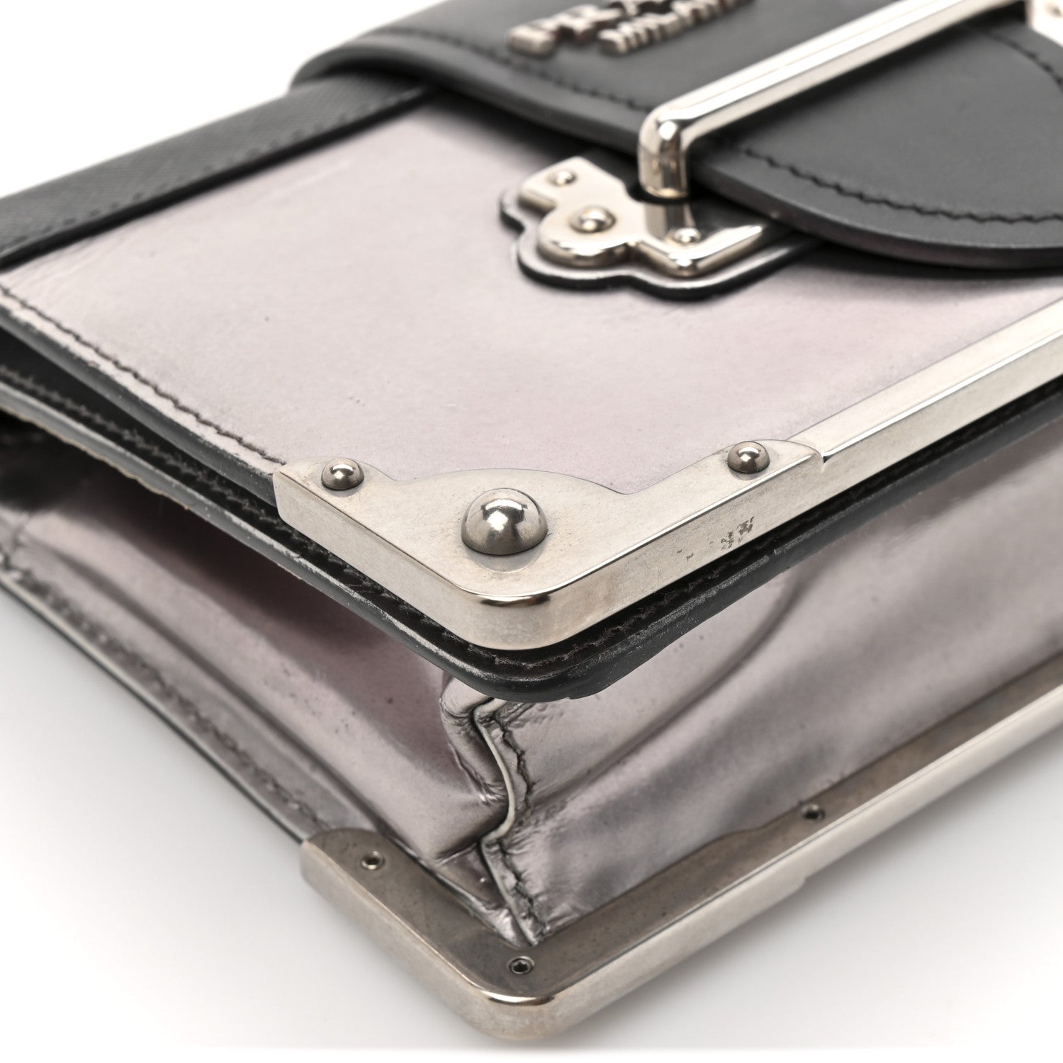 Prada Metallic Vitello Saffiano Cahier Bag Silver Black