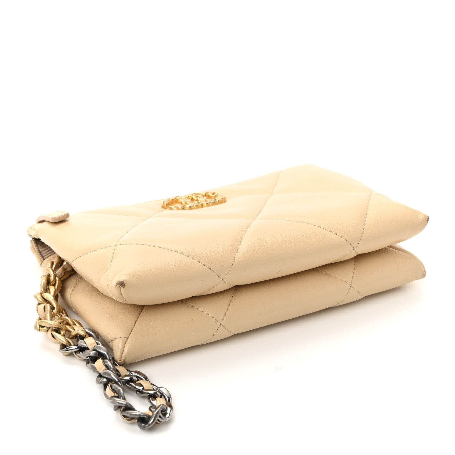 Chanel Shiny Goatskin Quilted Chanel 19 Small Pouch With Handle Beige