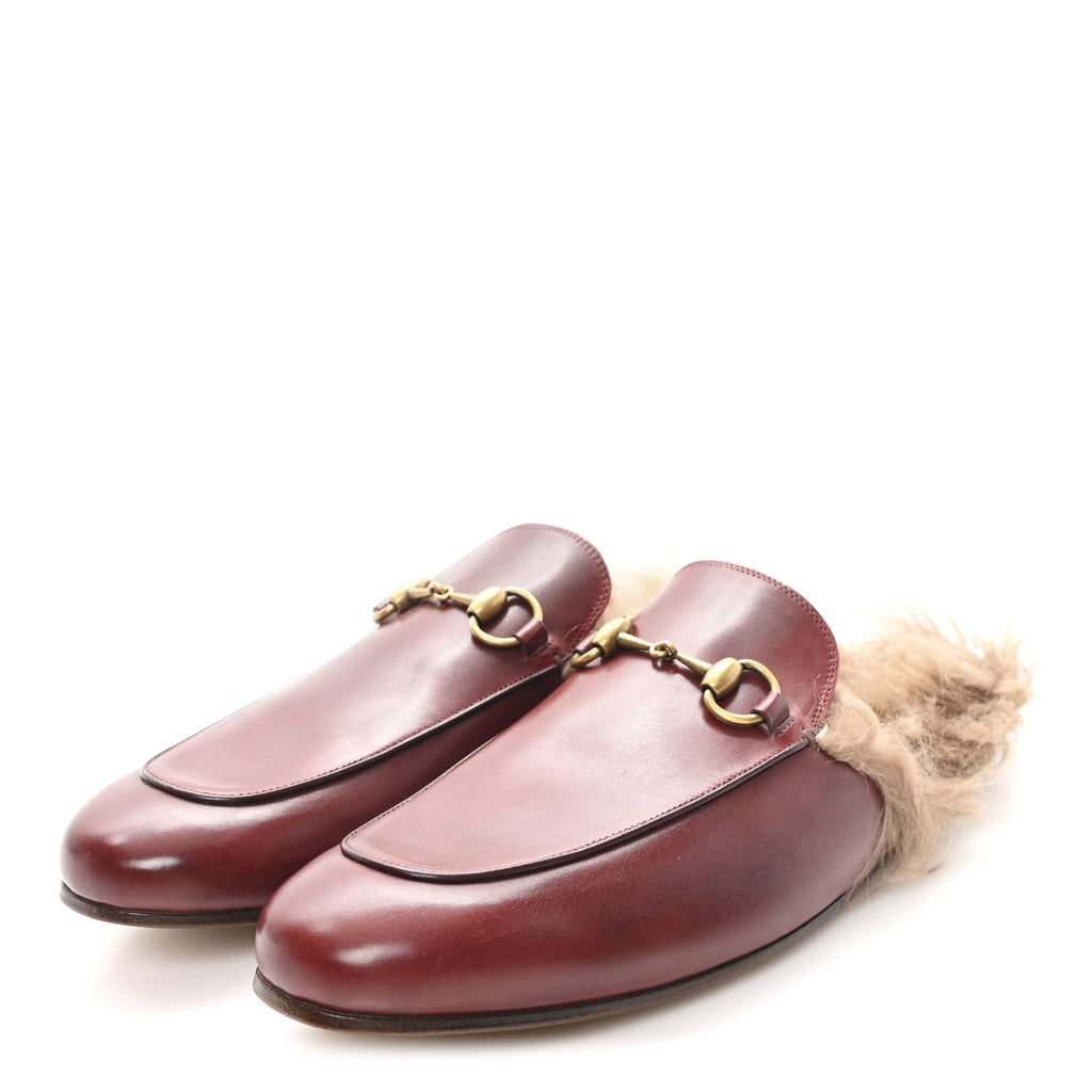 Gucci etis Glamour Calfskin Granada Kid Fur Mens Princetown Slippers 8.5 Ruby Bordeaux Naturale