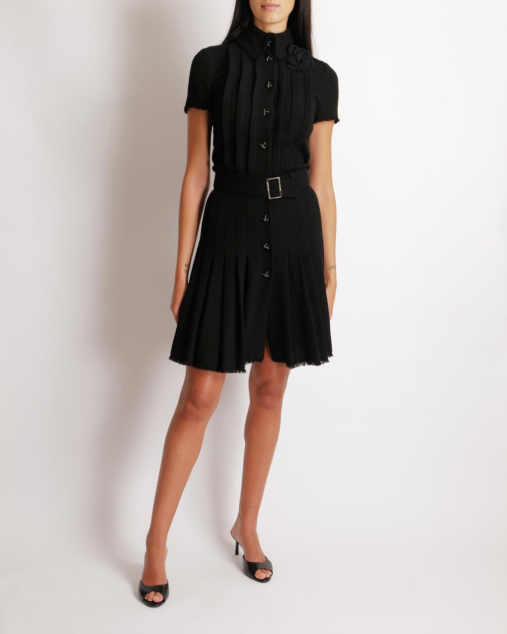 Chanel 07/AW Black Wool Belted Short-Sleeved Mini Dress with Black and Silver CC Logo Buttons and Frayed Trims Detail Size FR 34 (UK 6)