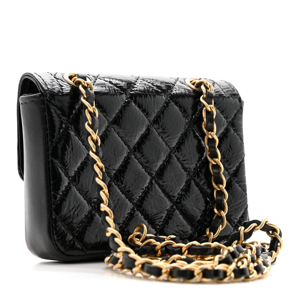 Chanel Shiny Aged Calfskin Quilted Waist Belt Bag Black