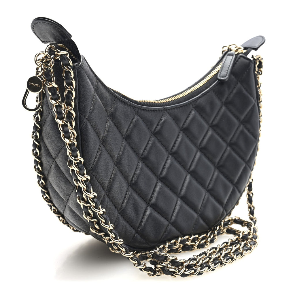 Chanel Lambskin Quilted Small Hobo Bag Black