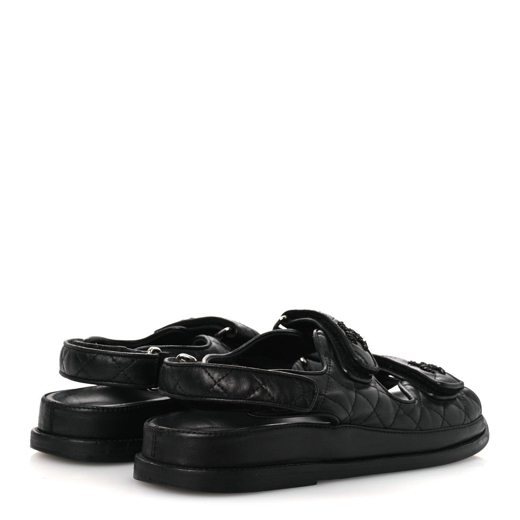 Lambskin Quilted Velcro Dad Sandals 38.5 So Black