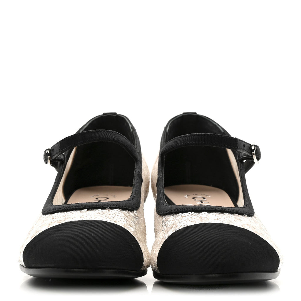 Glittered Tulle Sequin Grosgrain Cap Toe CC Mary Jane Pumps 36.5 Light Pink Black