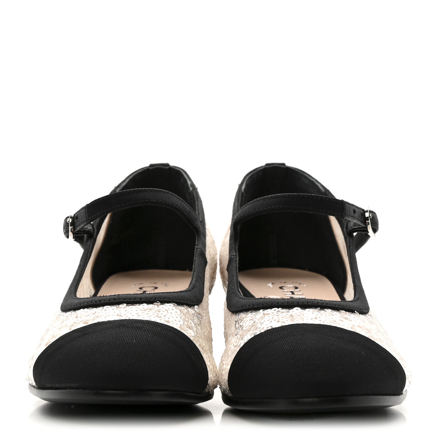 Glittered Tulle Sequin Grosgrain Cap Toe CC Mary Jane Pumps 36.5 Light Pink Black