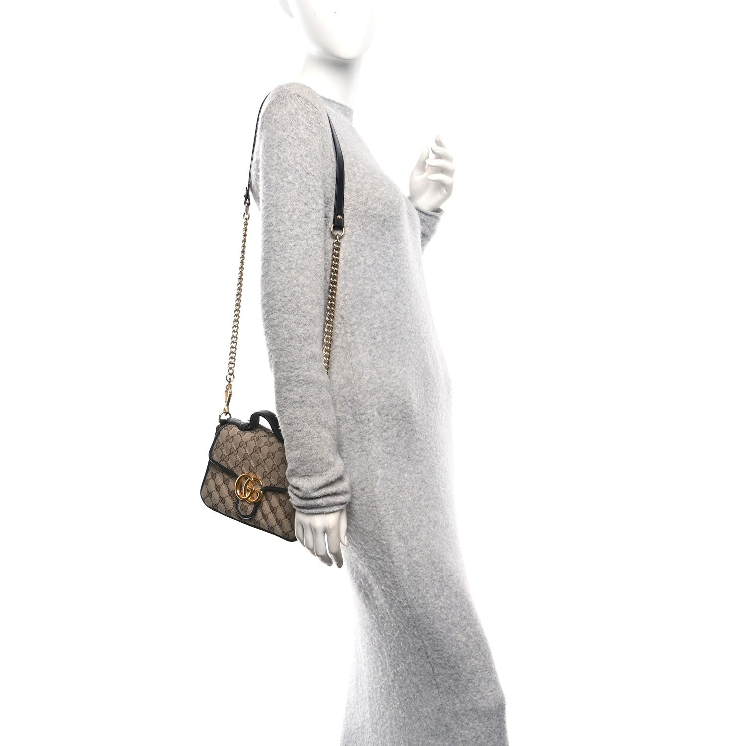 Gucci Monogram Azalea Calfskin Matelasse Diagonal Mini GG Marmont Top Handle Shoulder Bag Beige Ebony Black