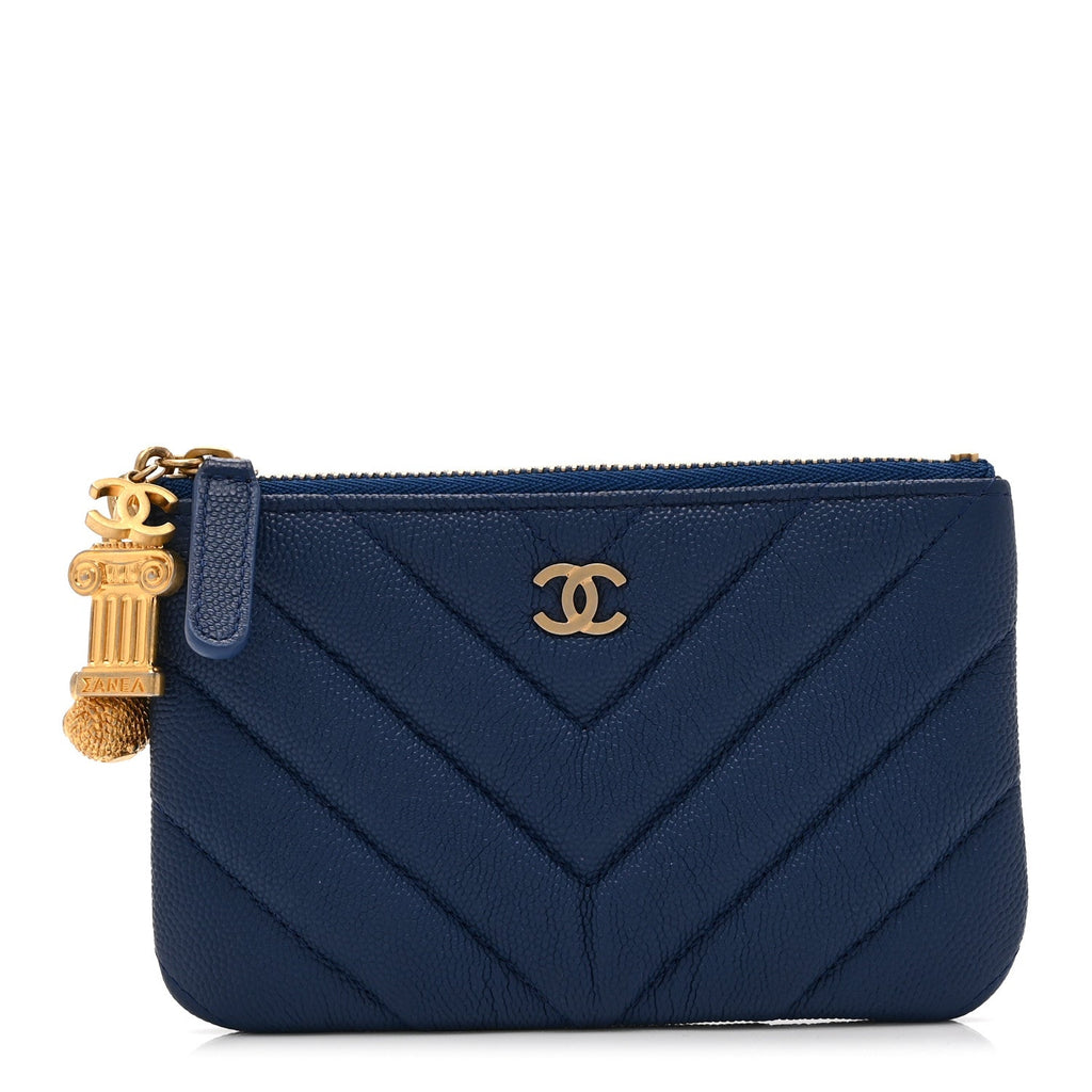 Caviar Chevron Quilted Small Ancient Greek Charms Cosmetic Case Blue