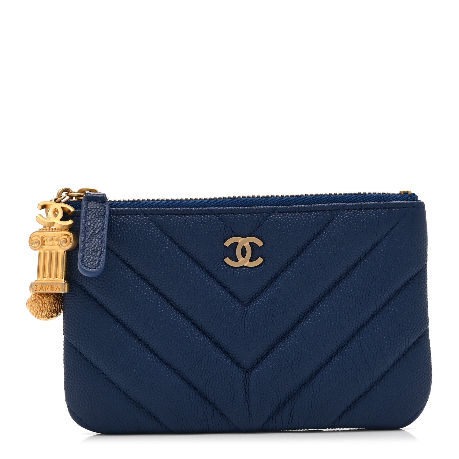 Caviar Chevron Quilted Small Ancient Greek Charms Cosmetic Case Blue