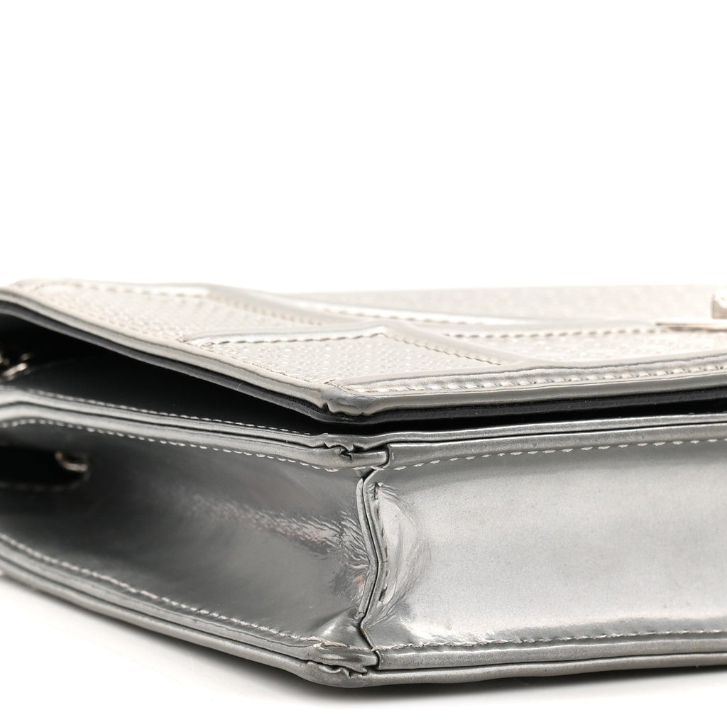 Christian Dior Metallic Patent Micro-Cannage Diorama Wallet on Chain Pouch Silver