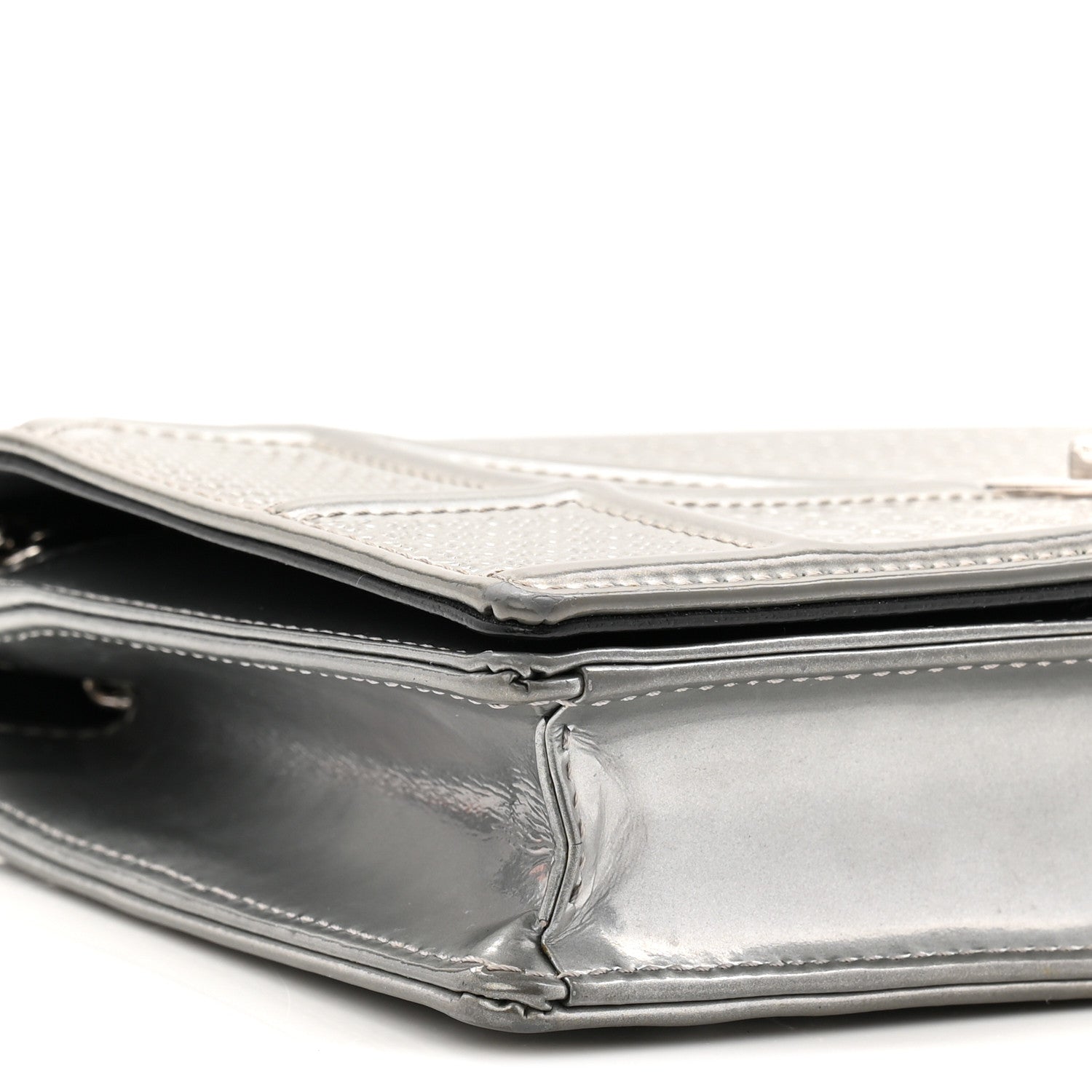 Christian Dior Metallic Patent Micro-Cannage Diorama Wallet on Chain Pouch Silver
