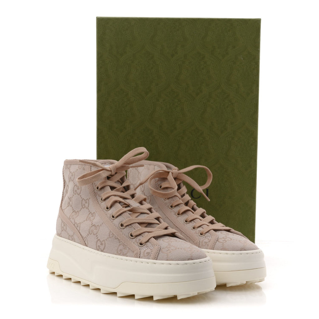Gucci New Canvas GG Monogram Womens Tennis 1977 High Top 55mm Platform Sneakers 38 Skin Rose Dark Skin Rose
