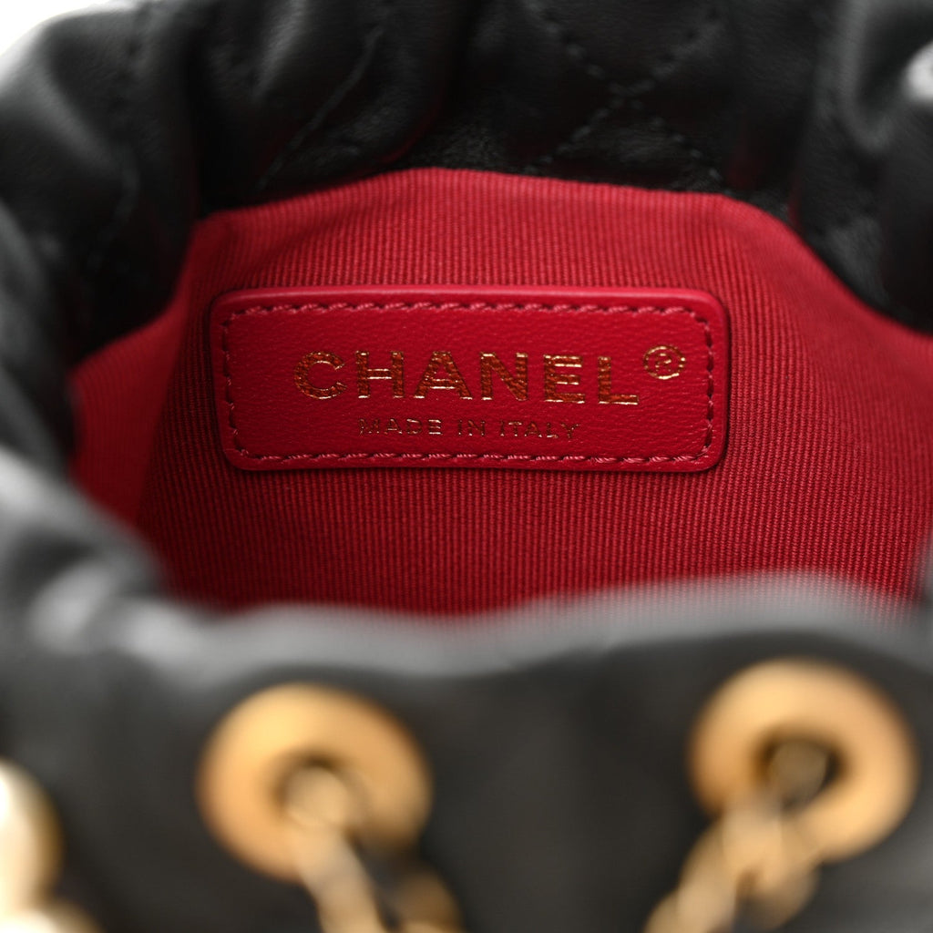 Chanel Calfskin Quilted Pearl Mini About Pearls Drawstring Bucket Bag Black