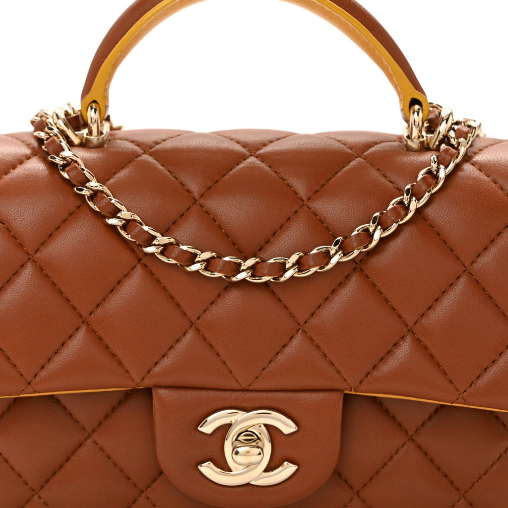 Chanel Lambskin Quilted Bi-Color Mini Top Handle Rectangular Flap Light Brown Yellow