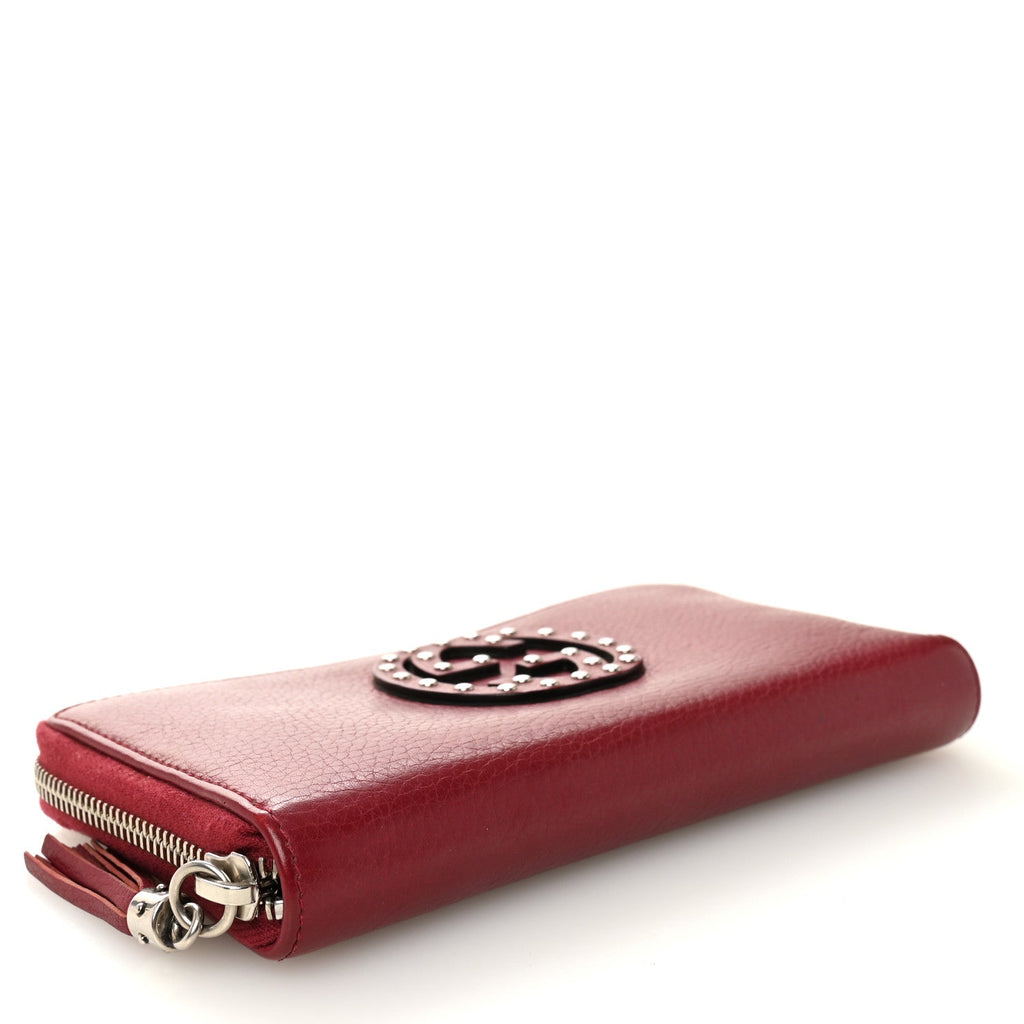 Gucci Pebbled Calfskin Studded Soho Zip Around Wallet Soft Burgundy