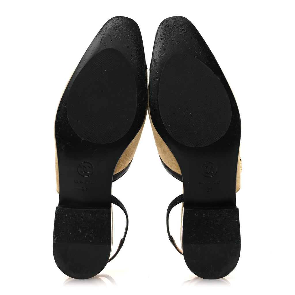 Chanel Suede Patent Crystal CC Cap Toe Slingback Flats 37 Beige Black