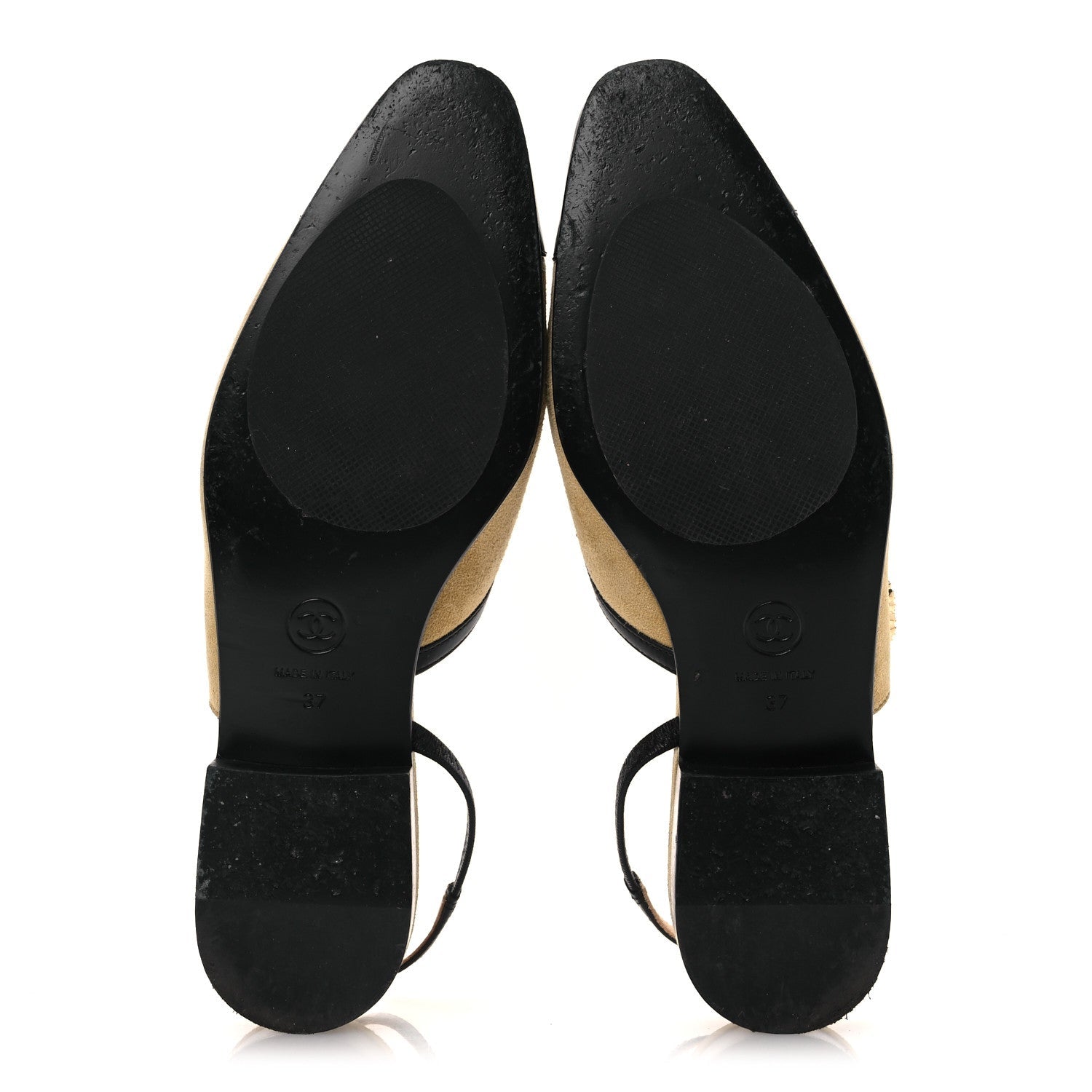 Chanel Suede Patent Crystal CC Cap Toe Slingback Flats 37 Beige Black
