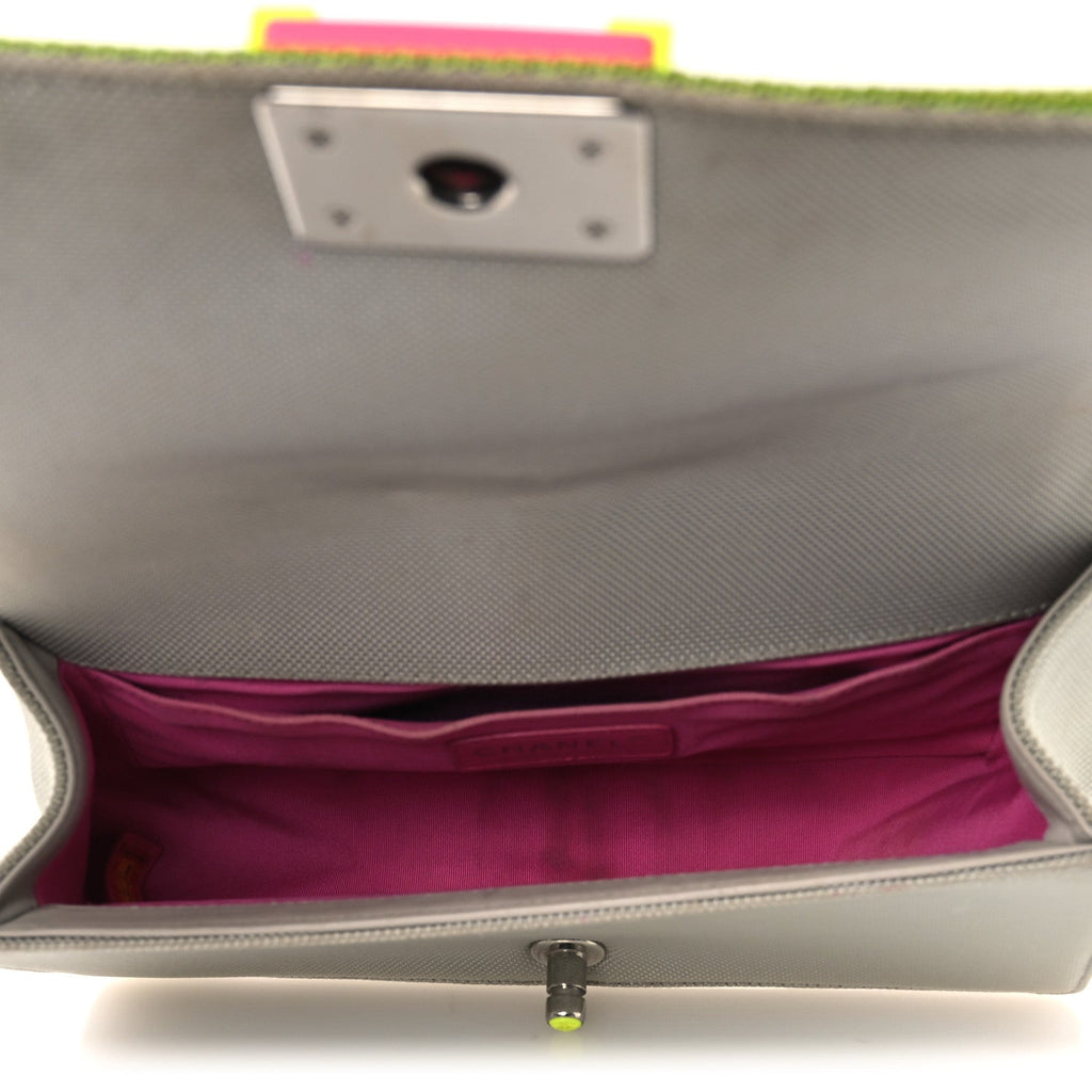 Chanel Canvas Quilted Medium Fluo Boy Flap Dark Grey Fuchsia Green