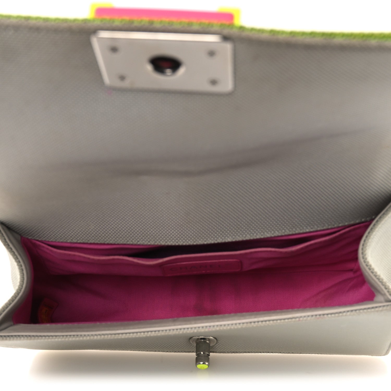 Chanel Canvas Quilted Medium Fluo Boy Flap Dark Grey Fuchsia Green