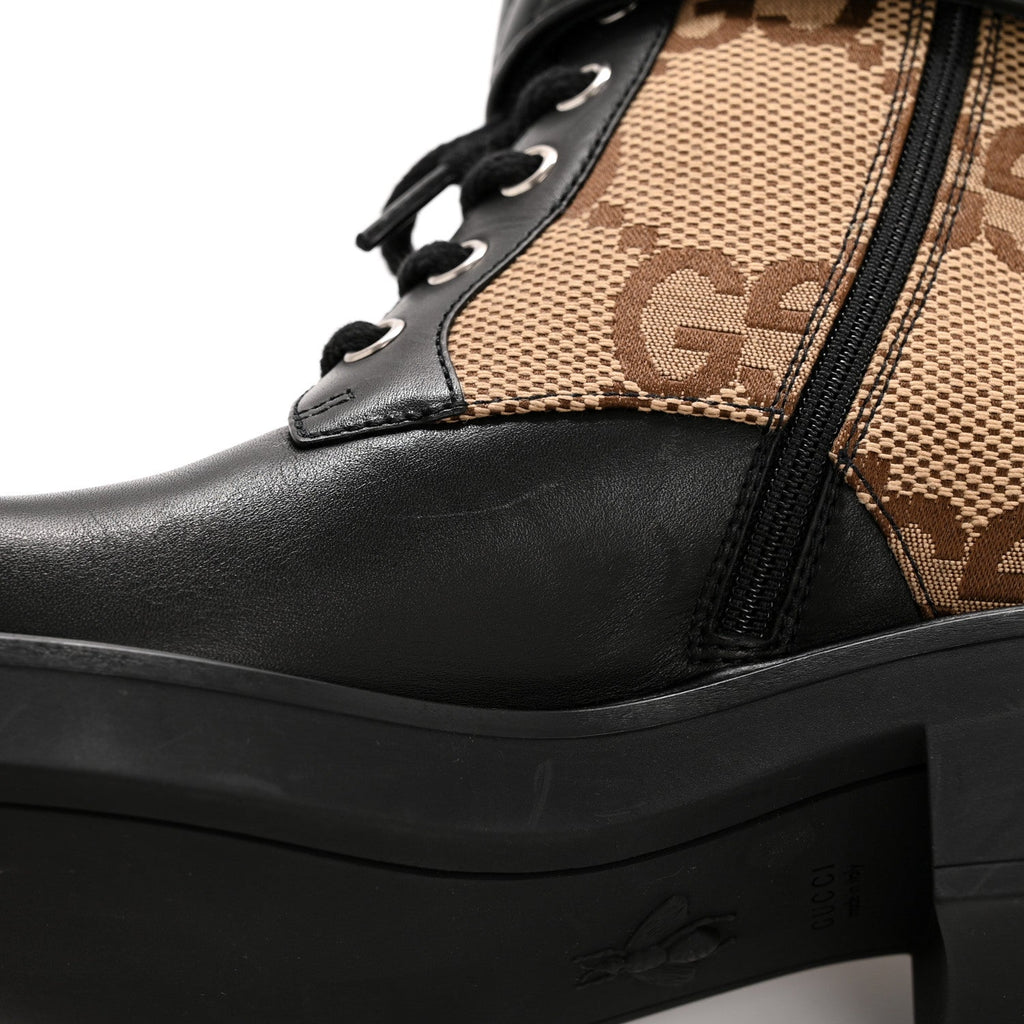 Gucci Flores Calfskin Monogram Maxi GG Nappa Matelasse Double G 40mm Ankle Boots 36.5 Black Camel Ebony