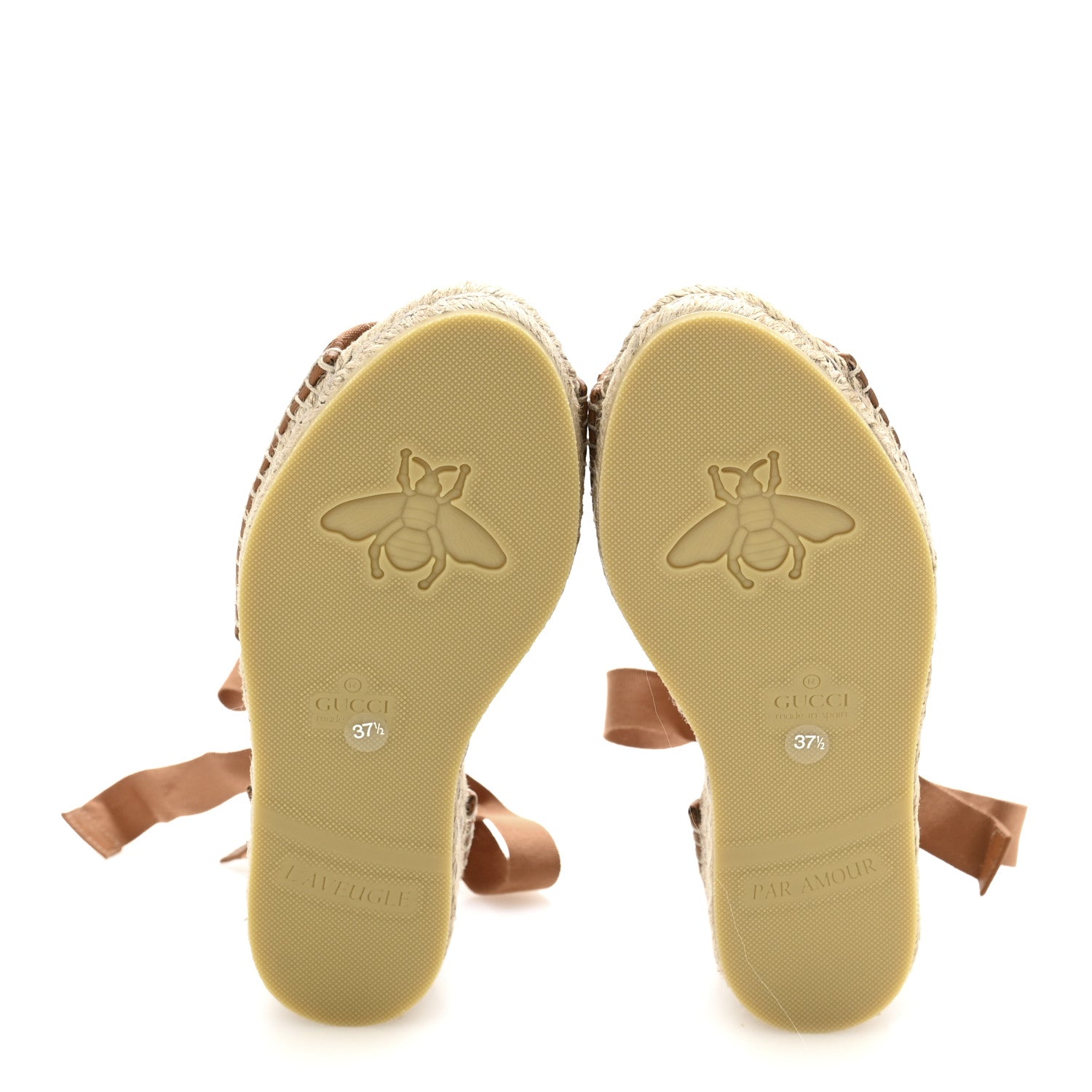 Gucci Canvas Damita GG Eyelet Espadrille Wedge Sandals 37.5 Blondie Cognac