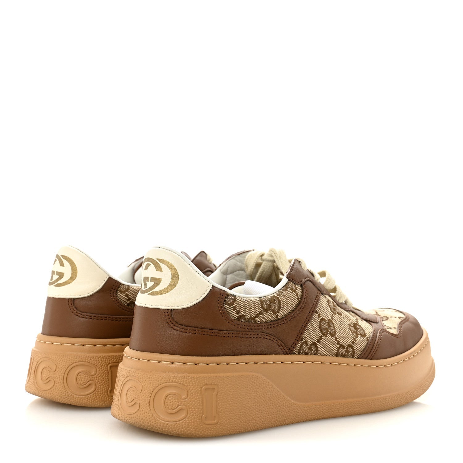 Gucci Calfskin GG Monogram Womens Platform 55mm Sneakers 38.5 Hezelnut Beige Ebony Mystic White