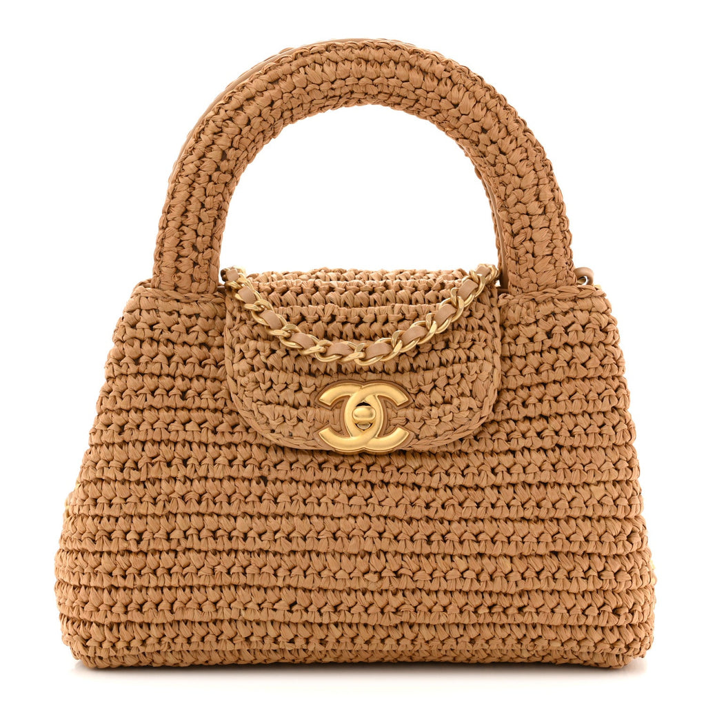 Chanel Braided Raffia Nano Kelly Flap Bag Dark Beige
