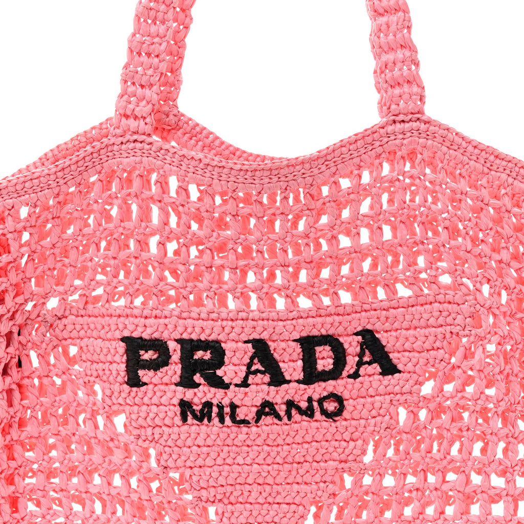 Prada Yarn Raffia Effect Crochet Logo Embroidered Tote Bag Petalo
