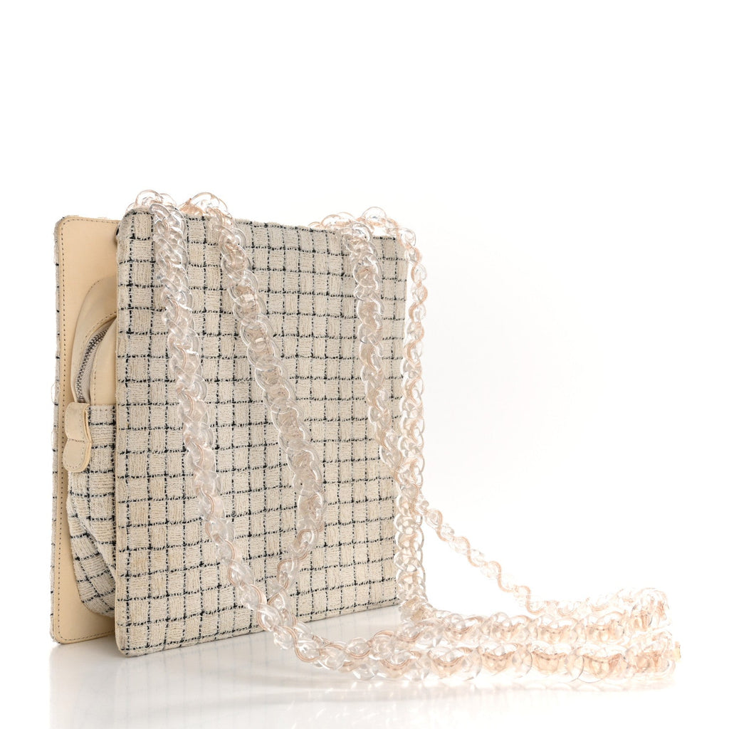 Chanel Tweed Resin Small Zipped Shopping Bag White Black