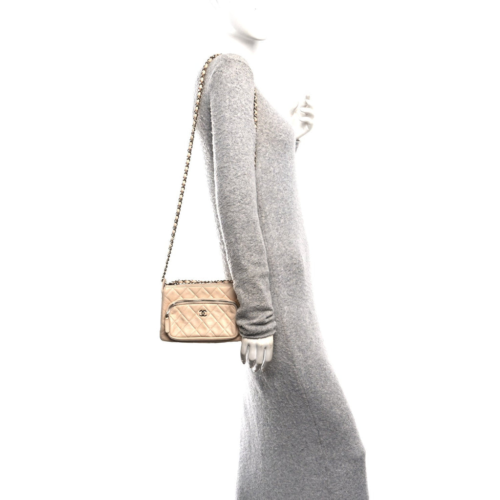 Chanel Shiny Crumpled Lambskin Quilted Small Preppy Pocket Clutch With Chain Beige