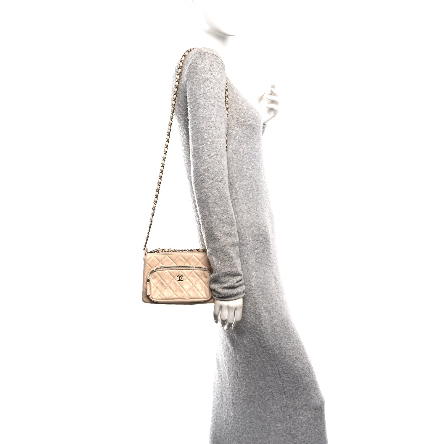 Chanel Shiny Crumpled Lambskin Quilted Small Preppy Pocket Clutch With Chain Beige