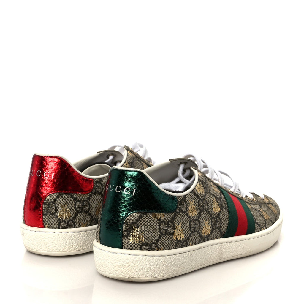 Gucci GG Supreme Monogram Bees Ayers Web Womens Ace Sneakers 37 Beige Oro Green Red
