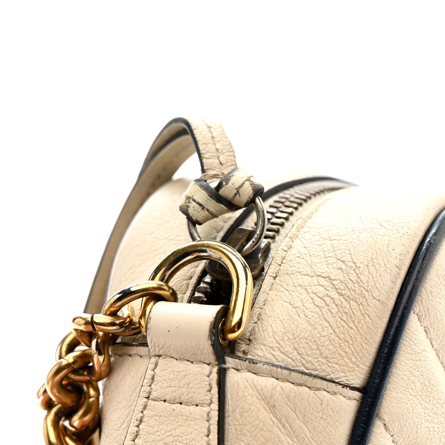 Gucci Vintage Effect Calfskin Matelasse Diagonal Small Torchon GG Marmont Chain Shoulder Bag Mystic White Blue Agata