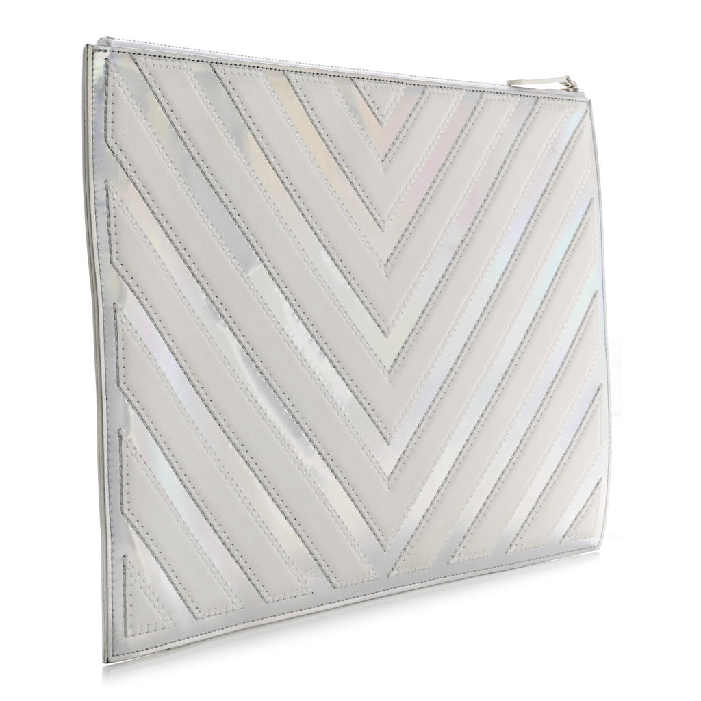 Lambskin Metallic Chevron Zip Pouch White Silver
