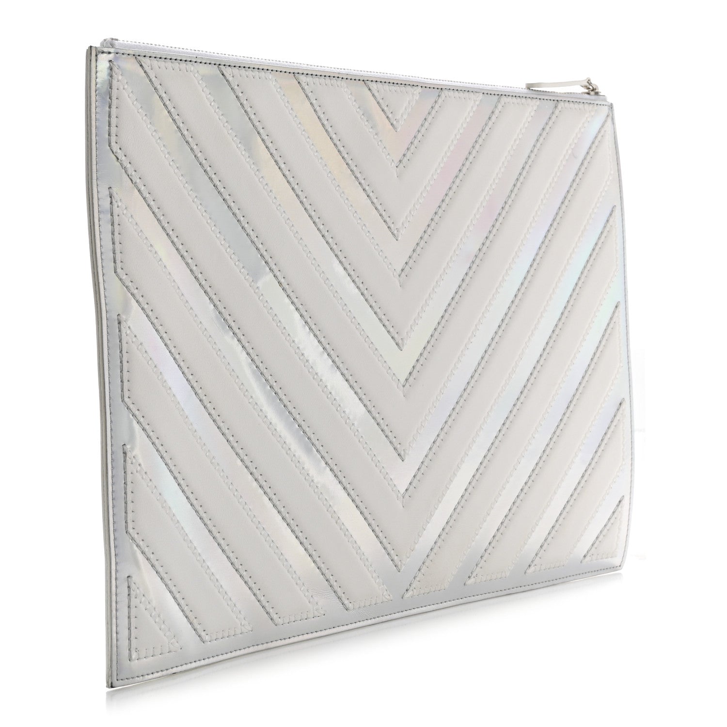 Lambskin Metallic Chevron Zip Pouch White Silver