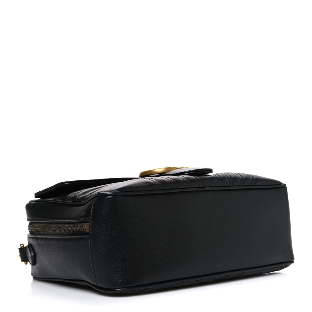 Gucci Calfskin Matelasse Sylvie Web Small GG Marmont Top Handle Shoulder Bag Black