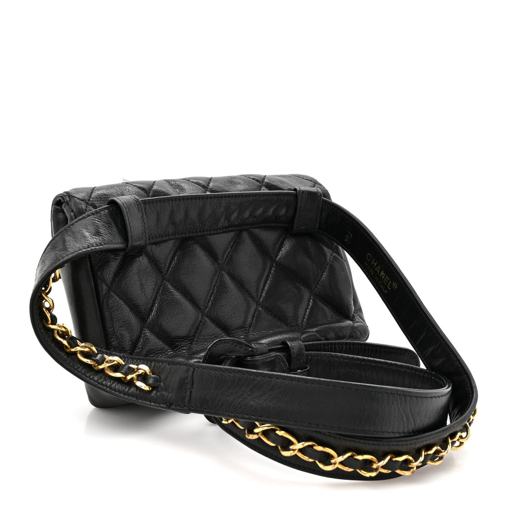 Lambskin Quilted Flap Waist Belt Bag 75 30 Black