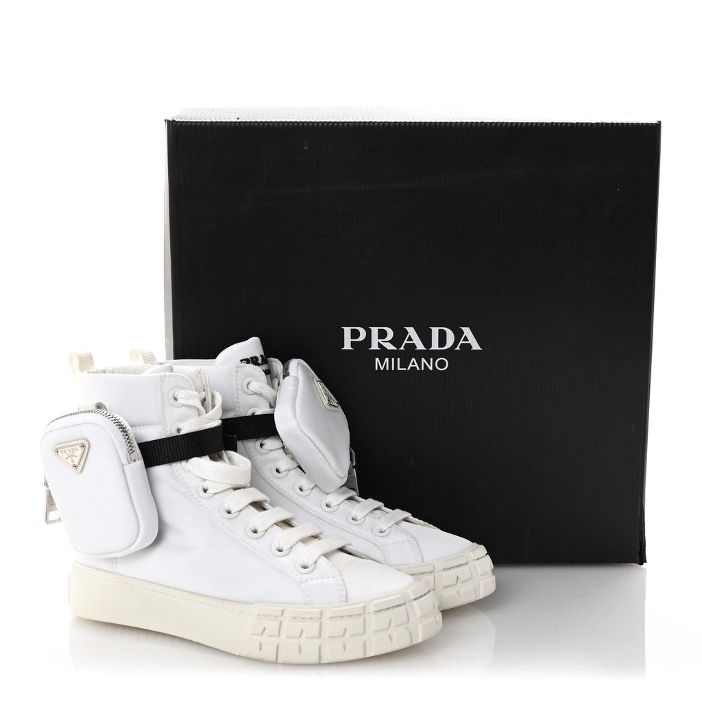 Prada Re-Nylon Gabardine Metal Triangle Logo Wheel Pouch Pocket High Top Sneakers 36 White