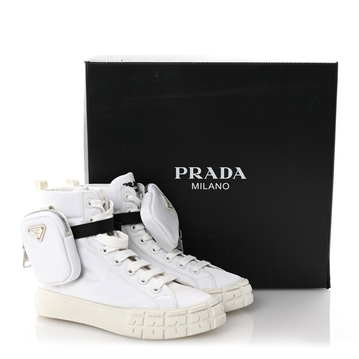 Prada Re-Nylon Gabardine Metal Triangle Logo Wheel Pouch Pocket High Top Sneakers 36 White