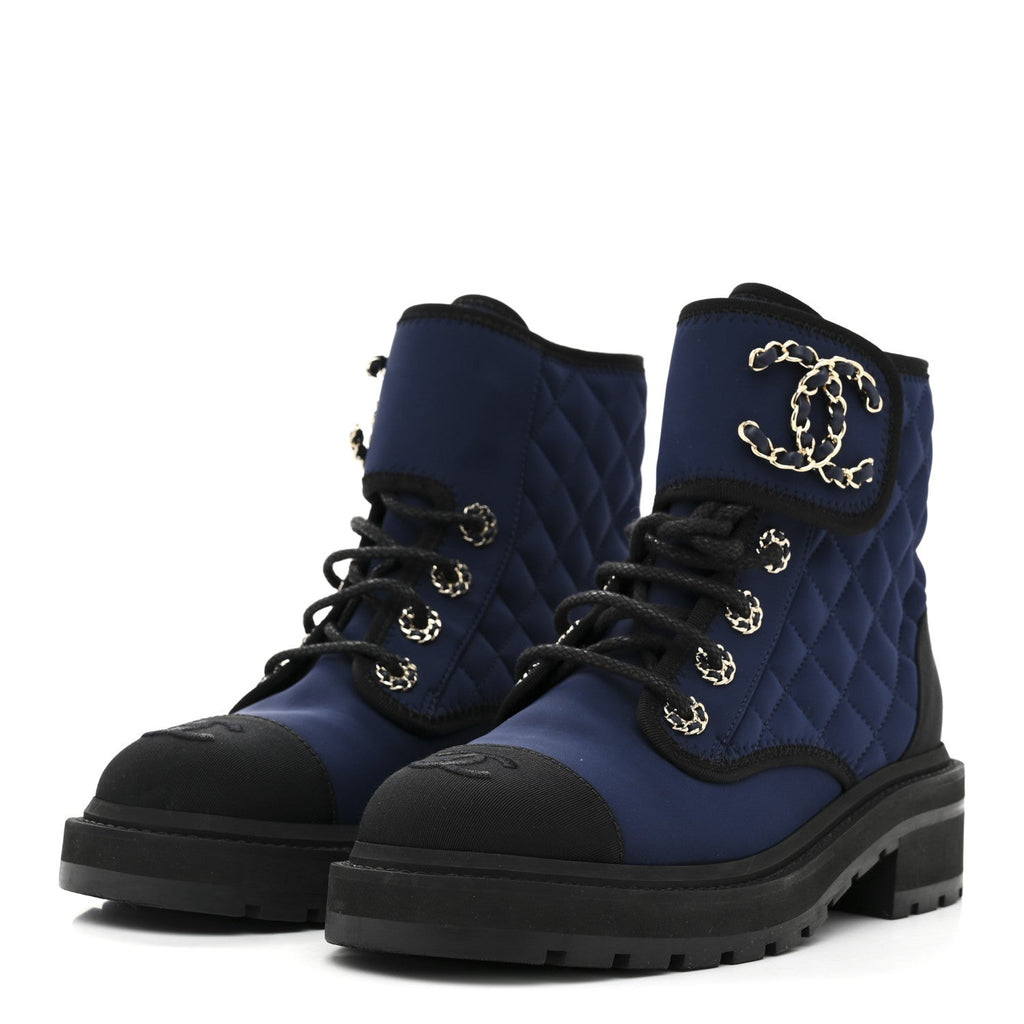 Fabric Grosgrain Quilted Cap Toe Lace Up Combat Boots 36.5 Navy Black