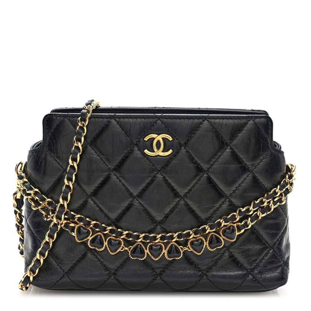 Chanel Shiny Crumpled Calfskin Quilted Clutch With Chain Black