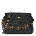 Chanel Shiny Crumpled Calfskin Quilted Clutch With Chain Black