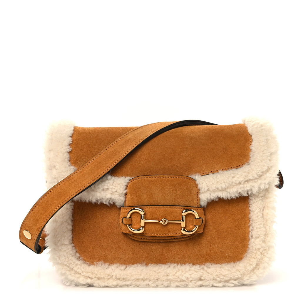 Gucci Suede Shearling Horsebit 1955 Shoulder Bag Brown