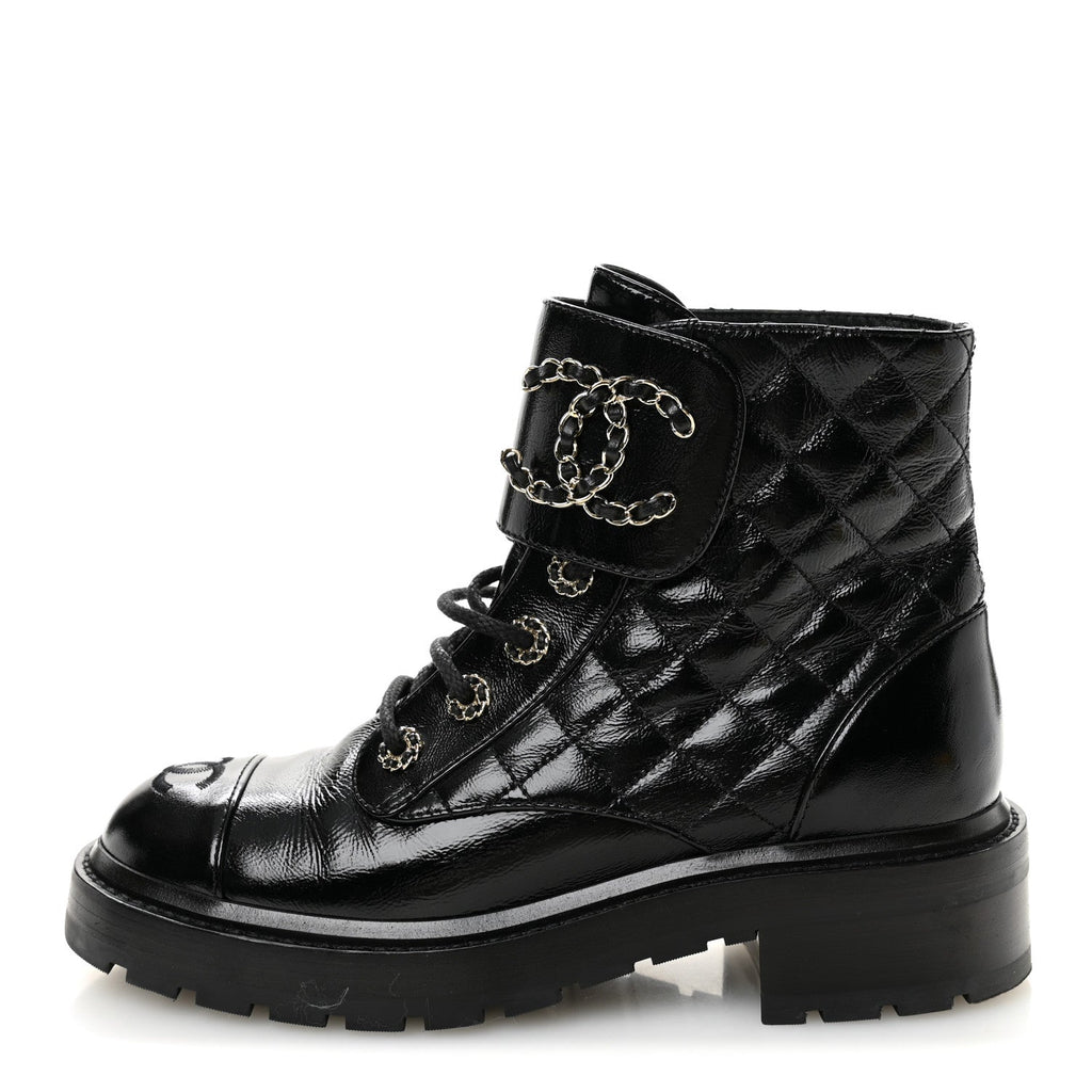 Chanel Shiny Calfskin Quilted Lace Up Combat Boots 37.5 Black