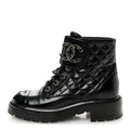 Chanel Shiny Calfskin Quilted Lace Up Combat Boots 37.5 Black