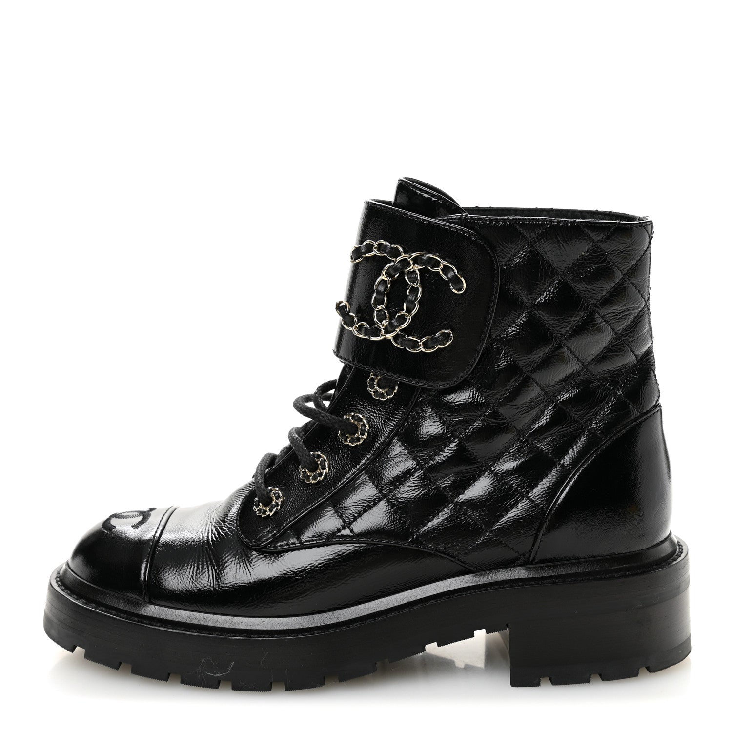 Chanel Shiny Calfskin Quilted Lace Up Combat Boots 37.5 Black