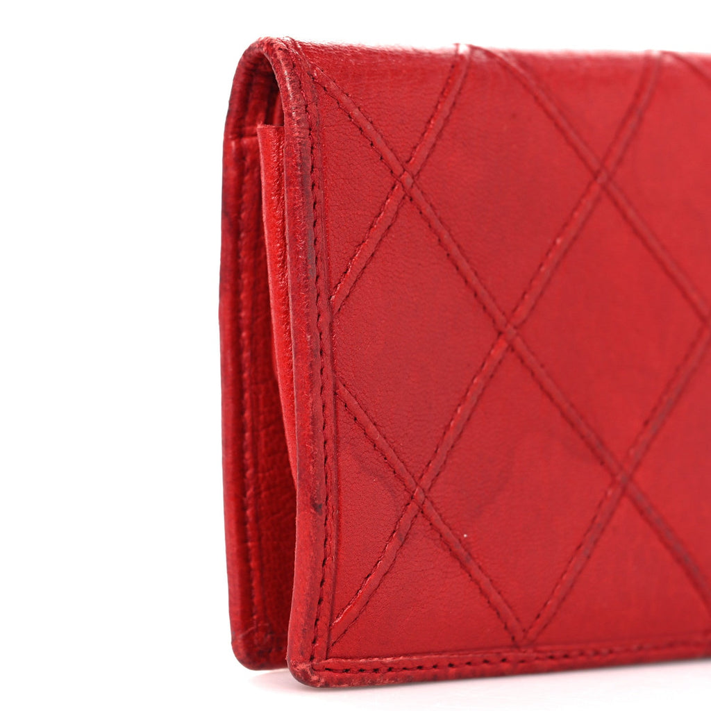 Lambskin Diamond Stitched Flap Card Case Red