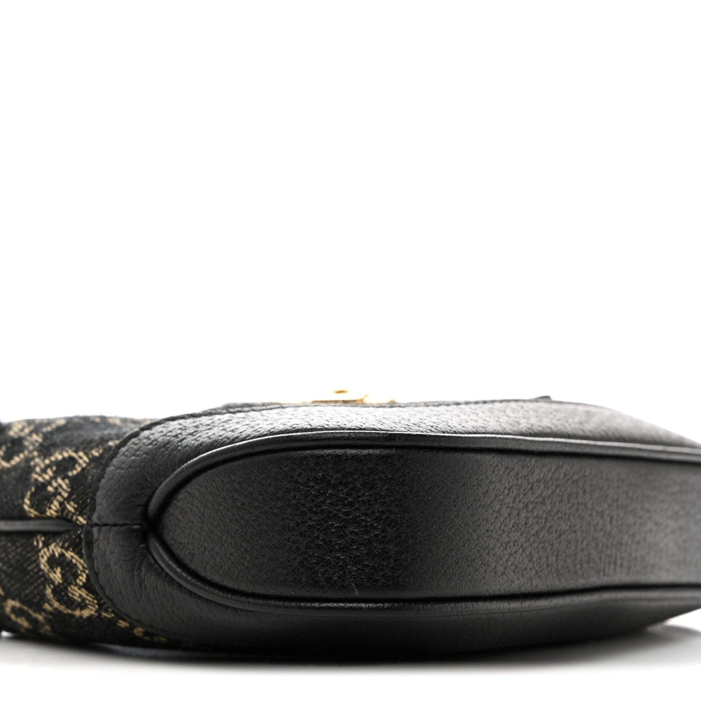 Gucci Jacquard Black Denim GG Monogram Textured Dollar Calfskin Mini Jackie 1961 Hobo Black Ivory