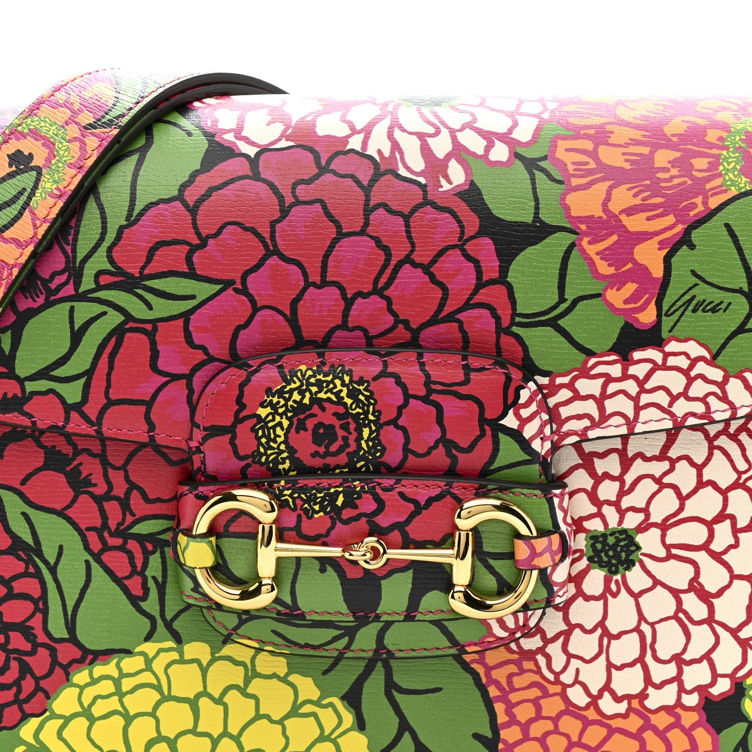 Gucci X KEN SCOTT New Shangai Calfskin Pomponica Print Horsebit 1955 Shoulder Bag Multicolor Fuxia Pompon