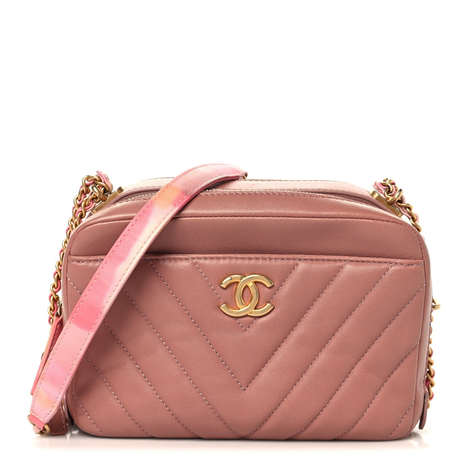 Chanel Lambskin Chevron Quilted Chain Around Camera Case Pink
