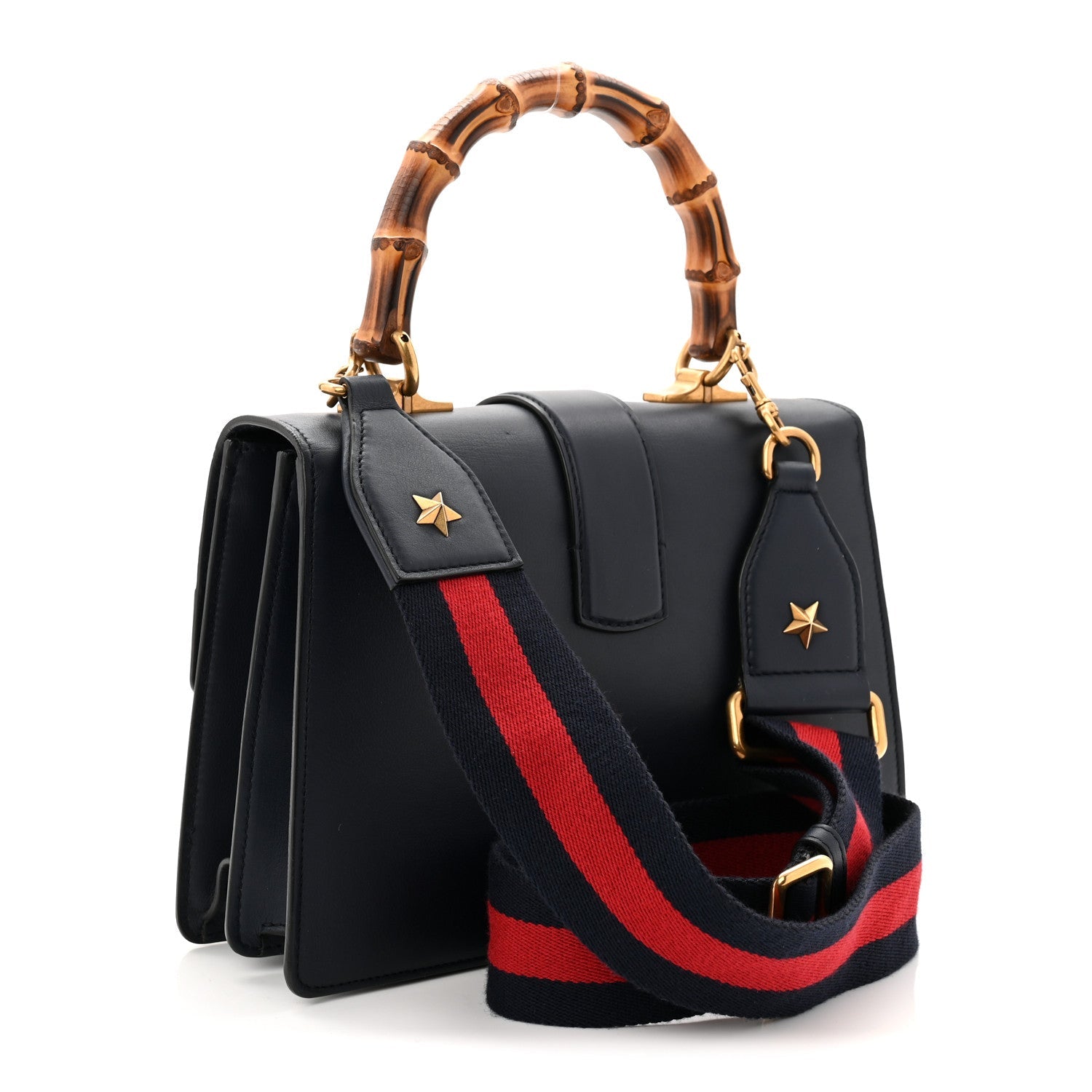 Gucci Moon Calfskin Web Medium Dionysus Bamboo Top Handle Bag Black Bright Evergreen Hibiscus Red